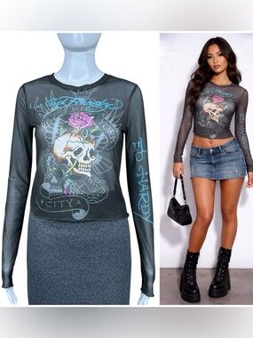 Ed Hardy Rose & Skull Charcoal Sheer Mesh Top Sz M Long Sleeve Streetwear Y2K